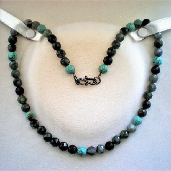 Vintage Faceted Turquoise Moss Agate Beads Beaded Necklace Sterling Clasp